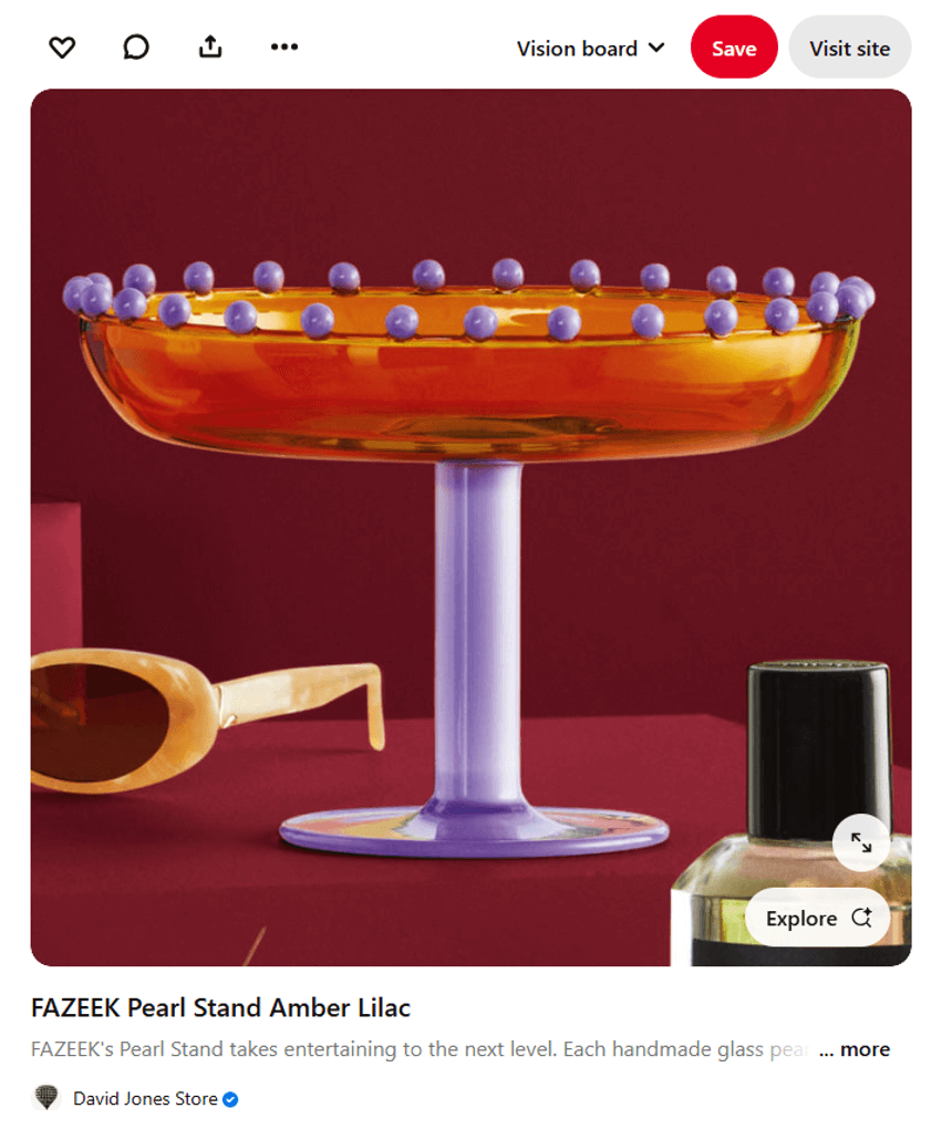 David Jones Pinterest post of a FAZEEK purple and orange cocktail glass.